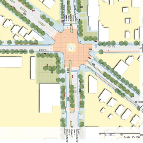 Graphic mockup of changes to a complicated three-way intersection In St. Paul, MN